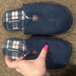 Men's Shearling James Fiallo Plaid Navy Blue M (8.5-9.5) slippers slip shoes